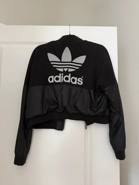 adidas Black Cropped reflective Bomber Jacket - Picture 1 of 4